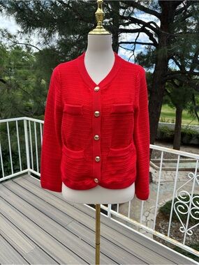 Women's Red Button-Up Knit Cardigan with Gold Buttons